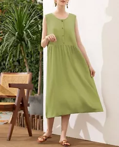 MEOMUA Women's Linen Dress Summer Button Down Sleeveless Cotton Green, S - Picture 1 of 2
