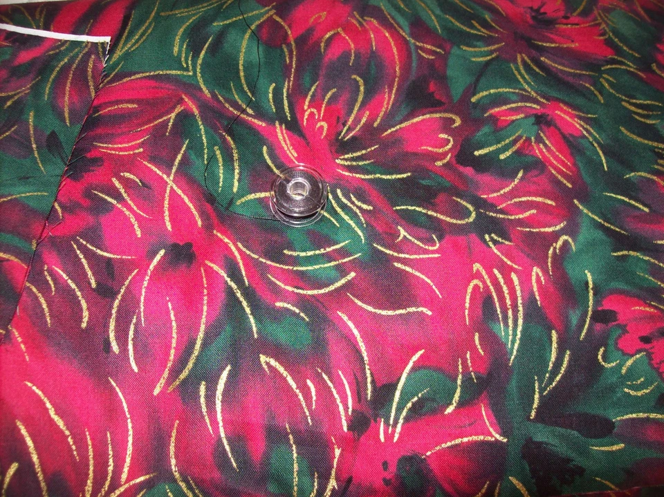 Dark Red & Green Cotton Fabric 2.4 Yards Gold Metallic Accents - Image 1 of 1