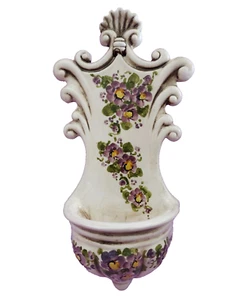 Floral Wall Pocket Vintage Purple Flowers Ceramic Hanging Planter Vase Signed - Picture 1 of 6