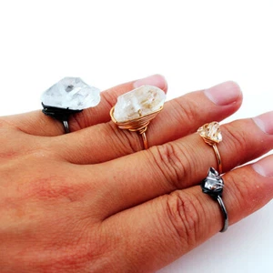 Stone Clear Quartz Crystal Winding Wire Wrap Open Adjustable Ring Irregular - Picture 1 of 15