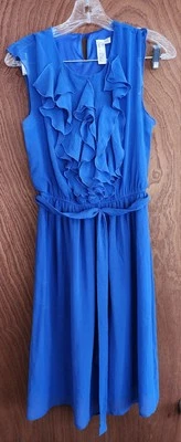 Vestido para mujer Emma & Michele con volantes delanteros con cinturón cuello redondo azul talla 6 forrado Foto 1 de 4