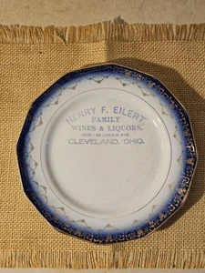Antique Flow Blue Porcelain China Plate Henry Eilert Wines Liquors Cleveland OH - Picture 1 of 4