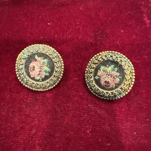 Antique Set Micro Needlepoint Brass Earrings Beautiful Floral Tapestry Clip - Picture 1 of 6