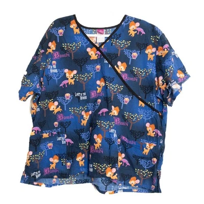 Disney Size 2X Bambi Lost In The Woods Scrub Top Medical Nurse Uniform Graphic - Image 1 of 4