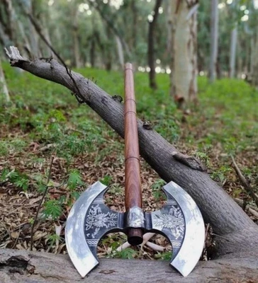 Handmade Carbon Steel Double Headed Viking Axe with Leather Sheath Wood Handle - Image 1 of 4