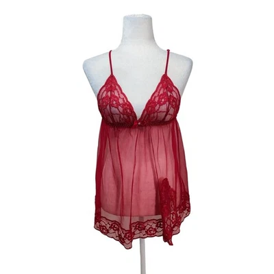 Frederick's of Hollywood Babydoll de renda vermelha chemise top lingerie fada sexy transparente - Imagem 1 de 4