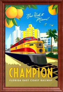 Champion RR NYC to Miami Travel Poster, Canvas Wrap Framed, Metal Tin Sign - Picture 1 of 6