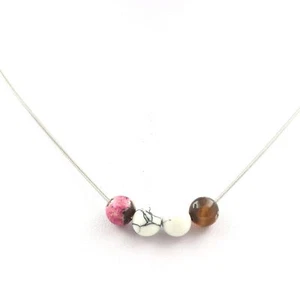 Necklace Beads Howlite + Agate Pink Brown 8 Mm. Chain Steel Necklace Women - Picture 1 of 5