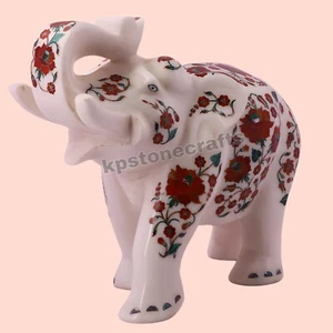 10,2 Zoll handgefertigte weiße Marmor Elefant Statue intarsiert mit Karneol Stein - Bild 1 von 6
