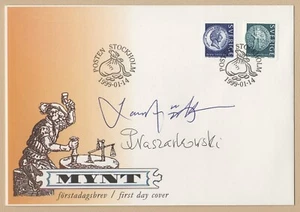 Sweden Scott #2319-2320 swedish coins on stamps FDC signed Naszarkowski Sjööblom - Picture 1 of 1