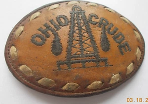 Vintage Nocona Ohio Crude Belt Buckle 3-5/8" x 2-1/2", Leather Covered Metal - Picture 1 of 4