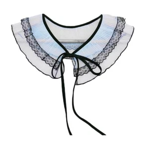 Women Sweet Pleated Mesh Shawl Fake Collar Contrast Color Trim Lace Cape Scarf - Picture 1 of 8