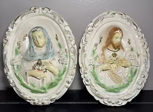 Vtg chalkware Jesus Virgin Mother Mary bleeding heart Sacred Heart Wall Plaques - Picture 1 of 11