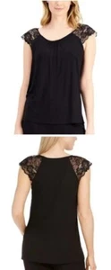 NWT Charter Club Women's Cap Sleeve Lace-Trim Knit Pajama Top Black - Picture 1 of 10