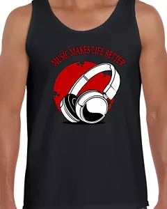 Music Vest T-Shirt DJ Gig Top Headphones Training Top Music Makes Life Better - Picture 1 of 2