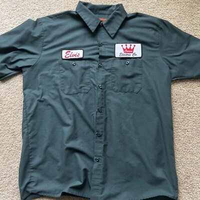 Camisa de Trabajo Elvis Presley Crown Electric Co Hunter Verde Abotonada Gorra Roja XL Foto 1 de 4