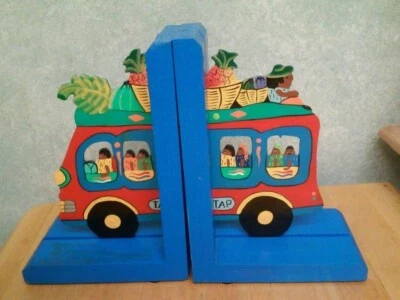 Sujetalibros de autobús tropical de madera pintados a mano coloridos Foto 1 de 4