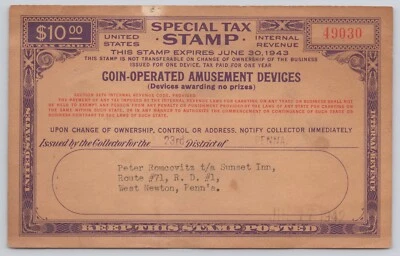 Dispositivos de diversión que funcionan con monedas 1943 sello de impuestos internos BB-8 Foto 1 de 2