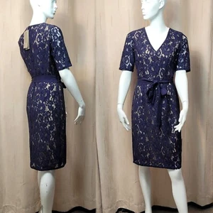 M&S PER UNA Floral LACE Knee Length DRESS ~ Size 10 or 12 ~ NAVY BLUE - Picture 1 of 10