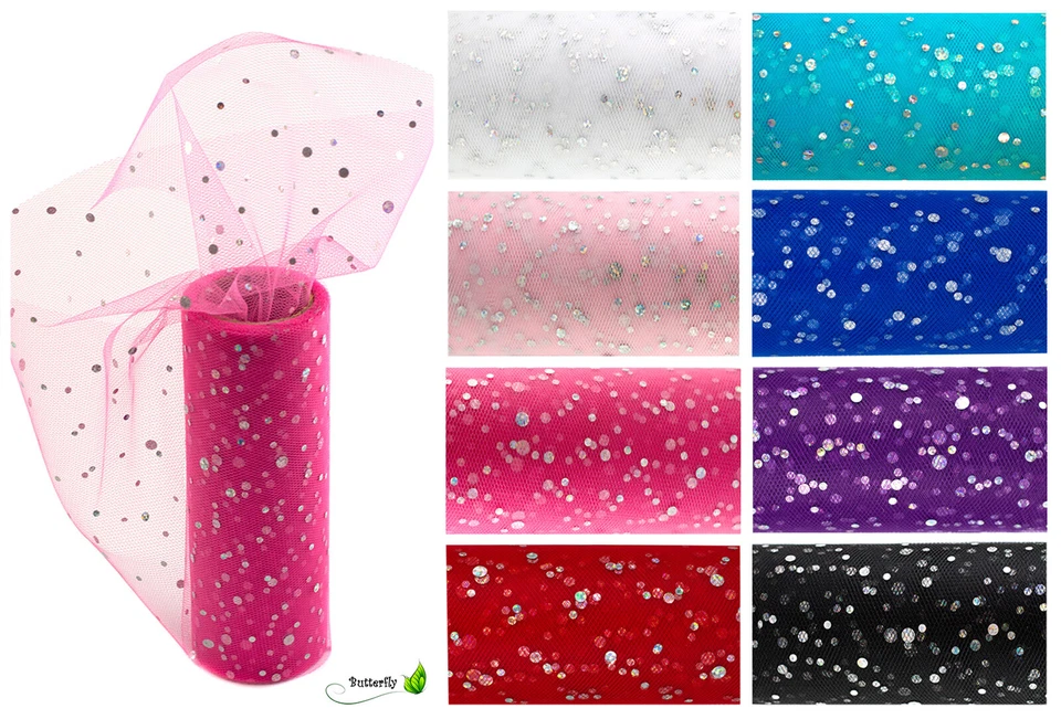 9m Tüll Deko Stoff 15cm Glitzer Punkte Tüllband Tischband Rolle Tütüs Pailetten - Bild 1 von 1