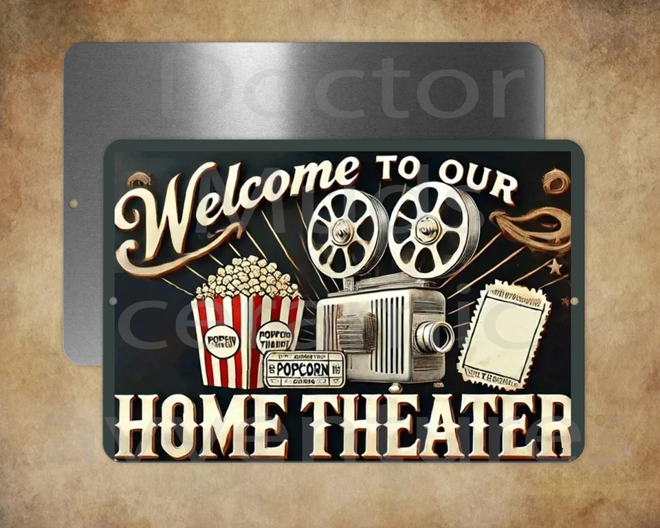 Welcome to our home theater  8" x12" metal sign MADE IN USA - Image 1 of 1