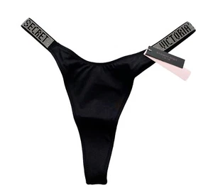 Victoria's Secret Black Logo Shine Strap Sexy Laguna Thong Swim Bikini Bottom - Picture 1 of 2