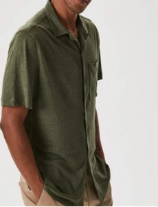 Adolfo Dominguez Khaki Polo Shirt Mens Medium Green Linen Short Sleeve Button Up - Picture 1 of 13