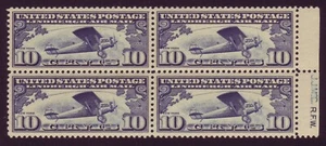 C10 (Lindbergh 10c Air Mail) - BLOCK w INITIALS in SELVAGE - GEM CENTER - MNH !! - Picture 1 of 1