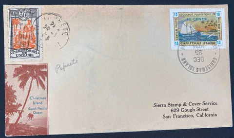 1934 Christmas Islands Cover To Usa Via Papeete Tahiti Coconut Plantation Stamps Cover