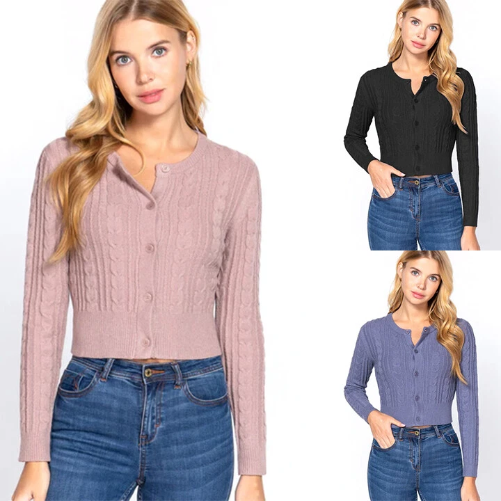 Cardigã feminino ativo casual essencial manga longa suéter cabo SW13314 - Imagem 1 de 1