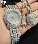 Men Luxury Hip Hop Iced Watch & Power Plug & Iced Square Necklace Combo Set