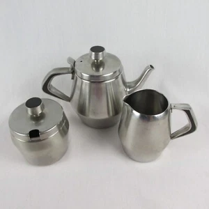 Set teiera, crema e zucchero vintage ELM acciaio inox logo cucciolo GIAPPONE MCM - Foto 1 di 15