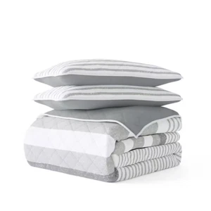 All Season 3-Pcs Summer Stripes Reversible Microfiber Quilt Set with Shams - Picture 1 of 12