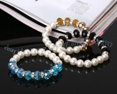 Faceted 5x8mm Crystal 8mm Round White Shell Pearl Beads Elastic Bracelet 7.5'' - Image 1 of 4