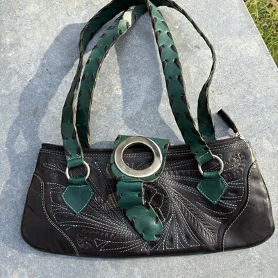 VTG LEADERS IN LEATHER Hand Tooled Green Black Shoulder Bag Purse Paraguay Boho - Image 1 of 4