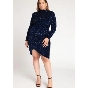 ELOQUII Ruched Satin Sequin Dress Plus Size Navy Blue New With Tags Party Dress - Picture 1 of 7
