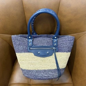 BALENCIAGA 466498 Panier XS Handbag Purple Beige Raffia Auth USED - Picture 1 of 13