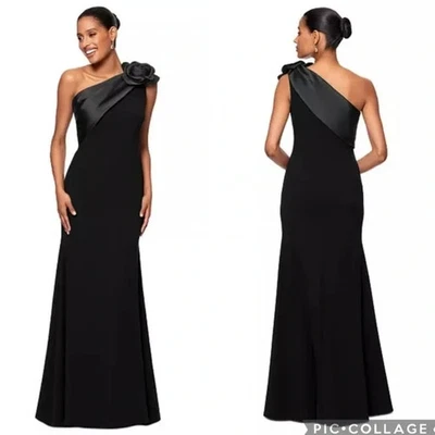 Vestido Betsy & Adam Roseta Negro Un Hombro Crepé Sirena Talla 6 $269 Foto 1 de 3