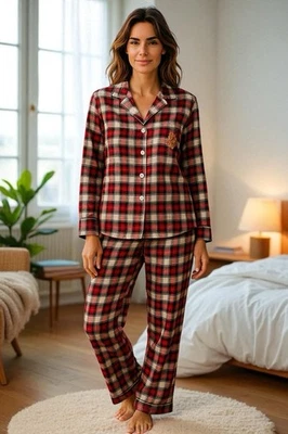 Chaps Pajama Set Women L Red Plaid Long Sleeve 100% Cotton Top Pants Long Slv - Image 1 of 4