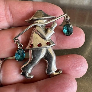 Vintage 1940’s Signed CORO Water Carrier With Blue Dangle Rhinestones Pin Brooch - Picture 1 of 7