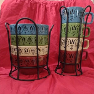 4 Schüsseln & 4 Tassen CROFTON STEINGUT mit Metall Vorratsrechen - Bild 1 von 12