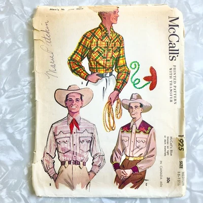 CAMISA VAQUERA/WESTERN VINTAGE 1954~MCCALL'S PATTERN 1925 PARA HOMBRE~Talla MED 15-15 1/2 Foto 1 de 4