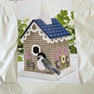 Mary Maxim Birdhouse Tissue Box Cover Plastic Canvas Kit - Bird Flowers - Picture 1 of 6
