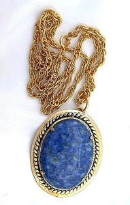 Oval Lapis 40x30 Cab Gold Color Brooch Pendant 24 Inch Link Chain EPPC241/101925 - Picture 1 of 2