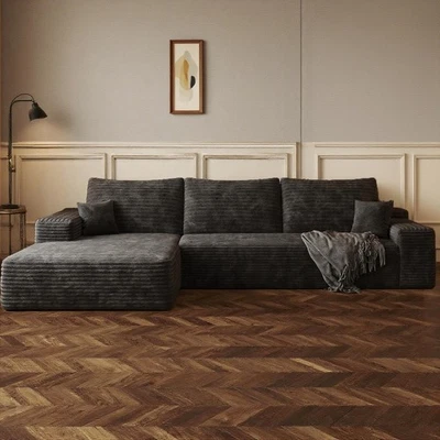 107"Black Plush L Shaped Sectional Couch Corduroy Boneless Sofa with Left Chaise - Image 1 of 4