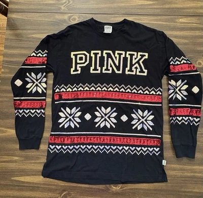 Victoria's Secret PINK Sz. XS/TP Black Sequin Long Sleeve Holiday Shirt Bling - Image 1 of 4