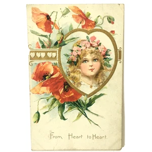 Antique Tucks RTS Artist Valentine Postcard 1900 Emboss Heart Poppie Flower 126 - Picture 1 of 10