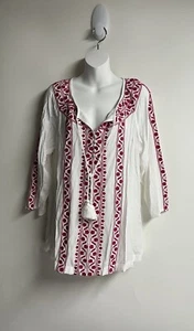 Weiche Umrandung Bluse weiß rosa Blumen Stickerei Boho Landhaus Kern Gr. M - Bild 1 von 10