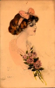 VINTAGE SCHLESINGER BROS. POSTCARD-HAND COLORED-WOMAN WITH BOW AND FLOWERS BK76 - Picture 1 of 2