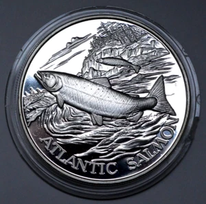 2 OZ 999 SILVER ROUND NORTH AMERICAN WILDLIFE SERIES ATLANTIC SALMON Proof Coin - Picture 1 of 5